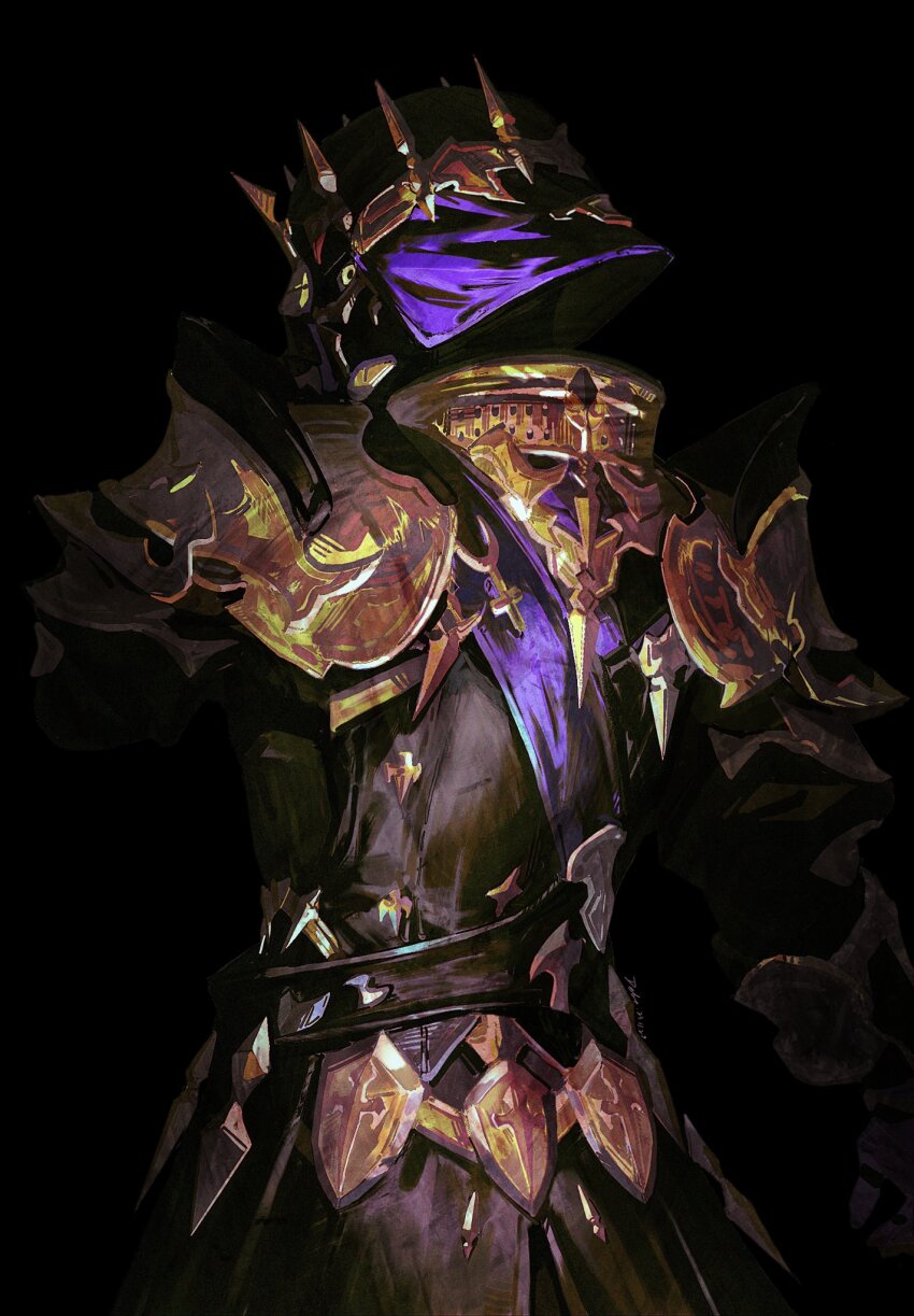 1other ambiguous_gender armor armored_skirt black_background breastplate chinese_commentary commentary_request cowboy_shot dark_knight_(final_fantasy) dele14375735 faulds final_fantasy final_fantasy_xiv fray_myste from_behind gauntlets glowing glowing_eye helm helmet highres looking_at_viewer looking_back other_focus pauldrons shoulder_armor simple_background solo standing yellow_eyes