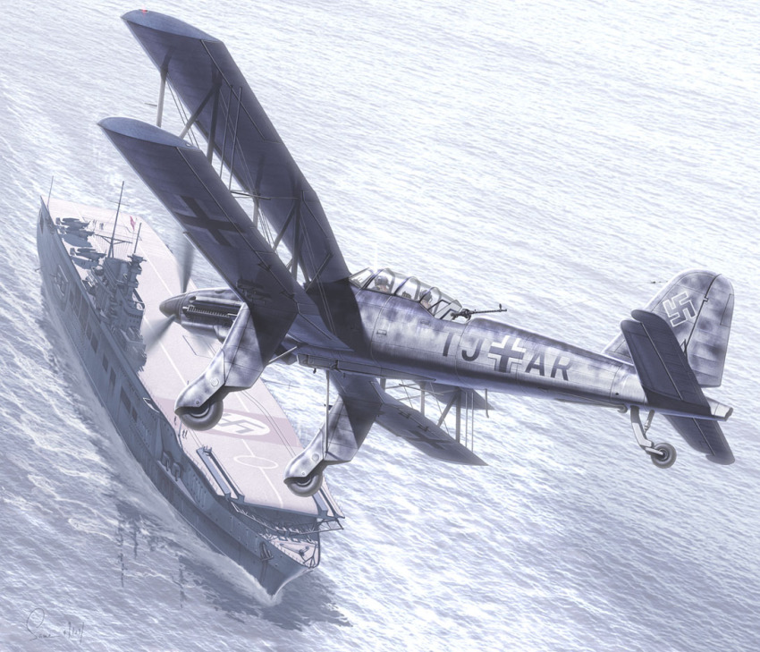 aircraft aircraft_carrier airplane fieseler_fi_167 germany graf_zeppelin_(carrier) gun machine_gun military military_vehicle no_humans ocean original pilot propeller_fighter same_(112744) same_(carcharodon) ship swastika vehicle_focus warship water watercraft weapon world_war_ii