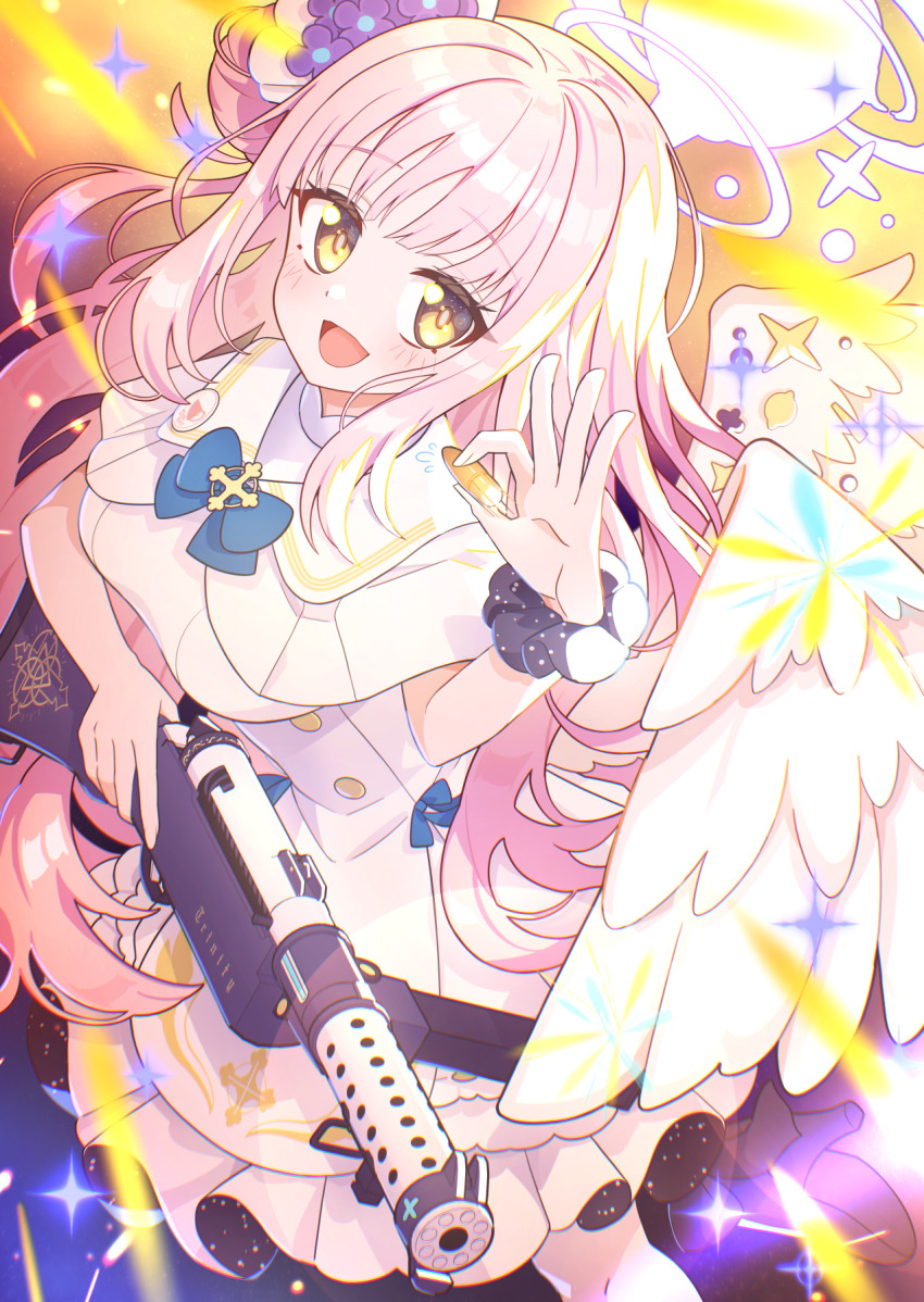 1girl angel_wings blue_archive breasts bullet dress from_above fuji_tarawi hair_bun halo highres holding holding_bullet looking_at_viewer low_wings medium_breasts mika_(blue_archive) pink_hair scrunchie smile solo sten_gun suppressor white_dress wings