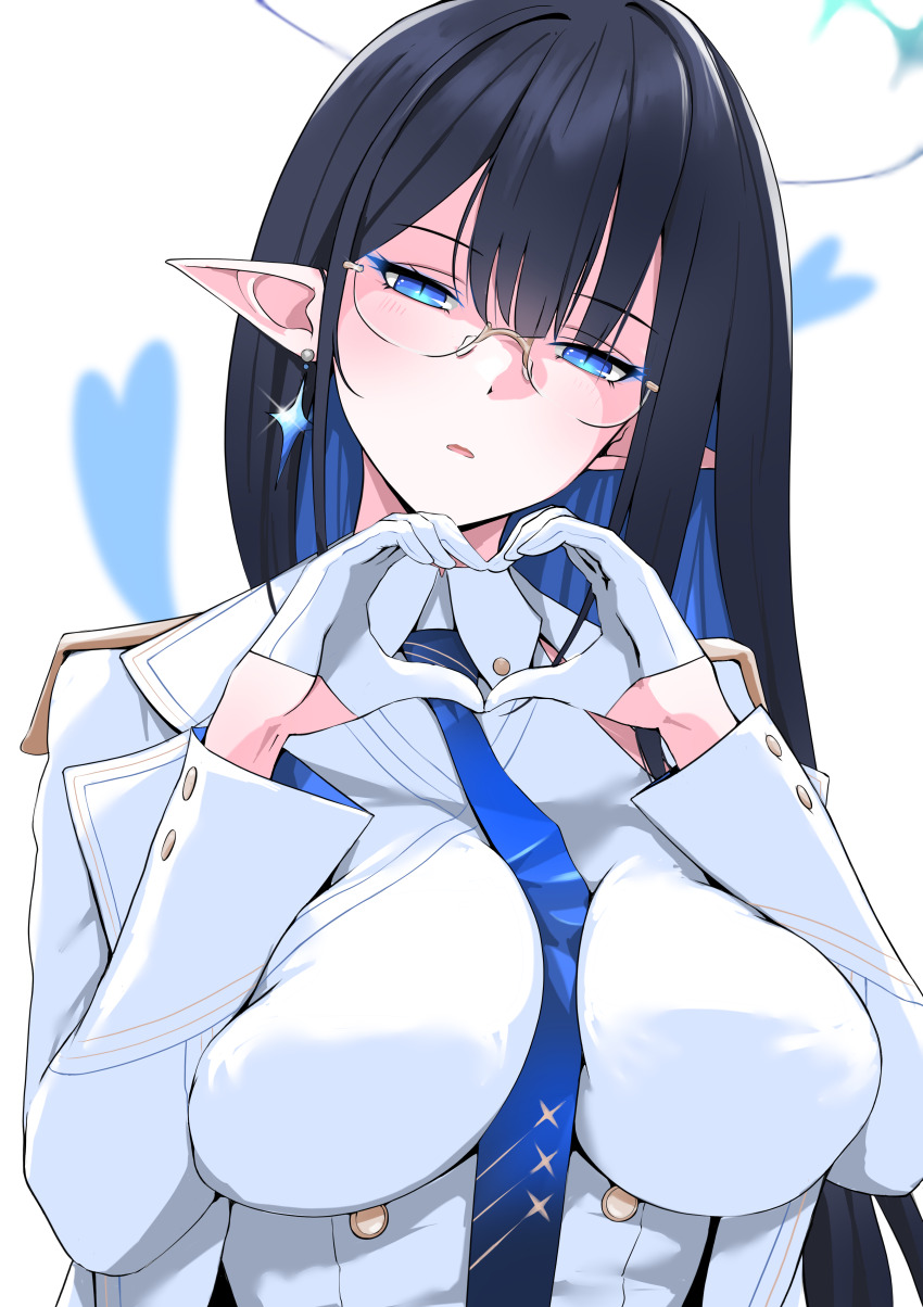 1girl absurdres between_breasts black_hair blue_archive blue_eyes breasts cross earrings gloves half_gloves heart heart_hands highres jacket jewelry large_breasts long_hair long_sleeves looking_at_viewer necktie necktie_between_breasts p.i.t.d parted_lips pointy_ears rin_(blue_archive) shaded_face shirt simple_background solo star_(symbol) upper_body white_background white_gloves