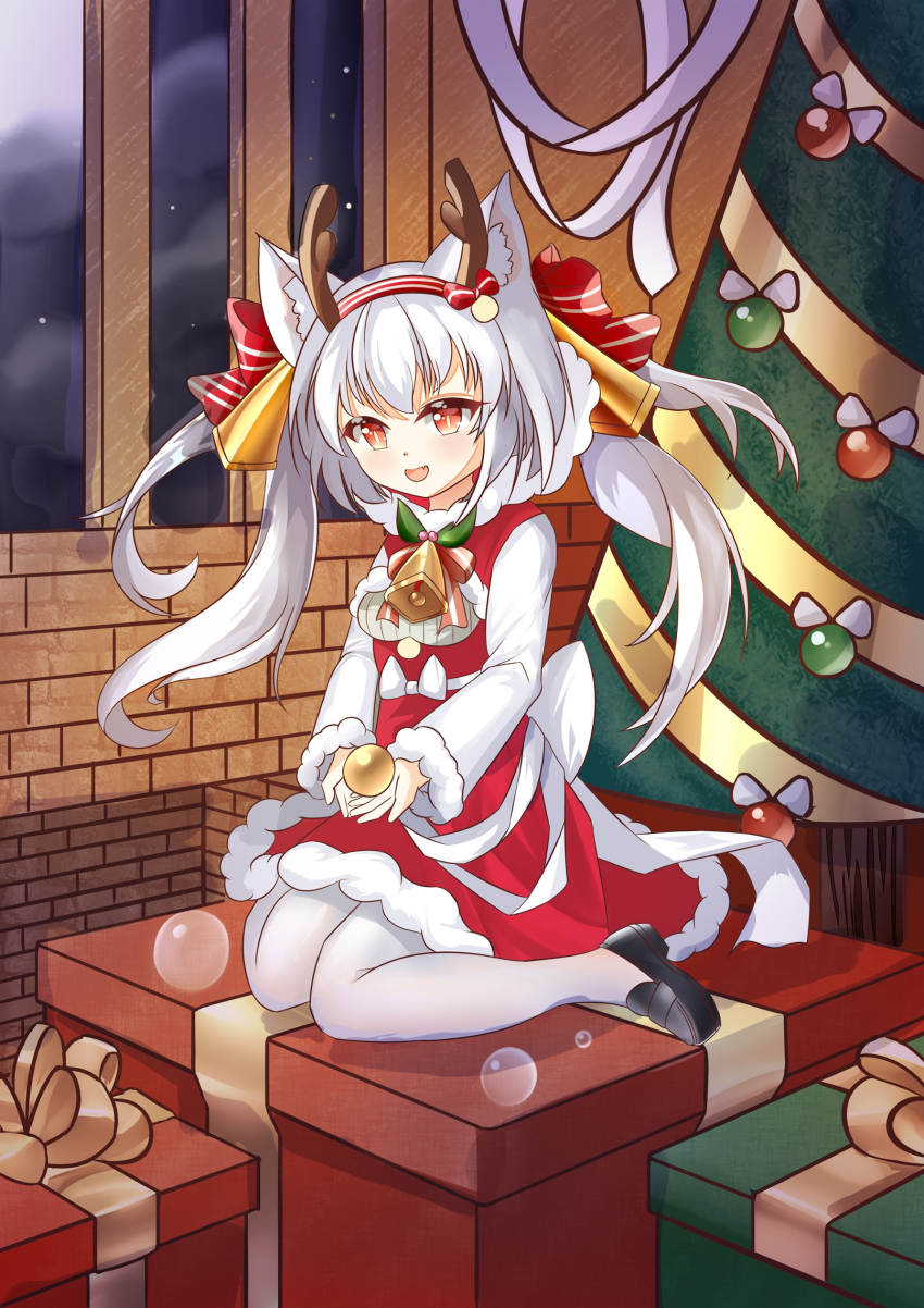1girl absurdres animal_ear_fluff animal_ears antlers azur_lane bell black_footwear box cat_ears cat_girl christmas christmas_tree fake_antlers fang gift gift_box highres horns indoors light_blush long_hair long_sleeves looking_at_viewer low_twintails neck_bell night night_sky open_mouth pantyhose reindeer_antlers sitting skin_fang sky smile solo twintails wariza white_hair white_pantyhose window wushi8422 yukikaze_(azur_lane)