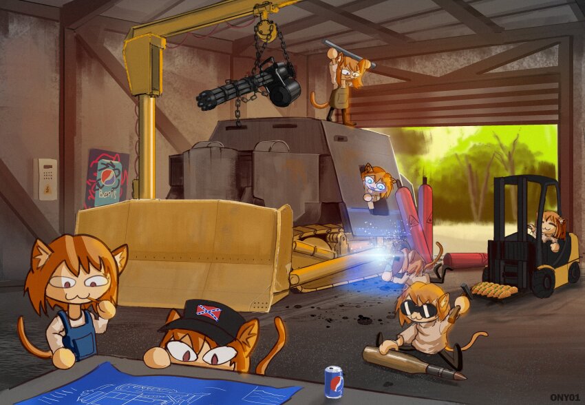 6+girls :3 =_= absurdres animal_ears armored_vehicle artist_name baseball_cap black_headwear blonde_hair blue_overalls blueprint_(object) brand_name_imitation bulldozer can cat_ears chain chibi commentary commission confederate_flag crane_(machine) drink_can english_commentary forest forklift garage gatling_gun glowing glowing_eyes hammer hands_up hat highres indoors killdozer m134_minigun medium_machine_gun melty_blood minigun multiple-barrel_gun multiple_girls multiple_persona nature neco-arc ony01 overalls pepsi poster_(object) real_life red_eyes rotary_machine_gun short_hair soda_can sparks taco tank_shell tree tsukihime type-moon welding welding_goggles welding_mask welding_torch