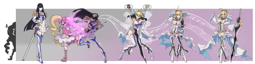 3girls absurdres blonde_hair blue_eyes boots bow breasts commentary detached_sleeves dress english_commentary fate/grand_order fate_(series) green_eyes hair_bow hair_intakes hand_on_own_chest harime_nui heterochromia highres holding holding_sword holding_weapon jacket kamuify kill_la_kill kiryuuin_satsuki large_breasts looking_to_the_side multiple_girls musical_note nero_claudius_(bride)_(fate) nero_claudius_(bride)_(second_ascension)_(fate) official_alternate_costume one_eye_covered open_mouth pink_boots pink_bow pink_dress senketsu sequential skirt speech_bubble sword thigh_boots thought_bubble transformation twintails veil weapon white_footwear white_jacket white_skirt white_veil wide-eyed