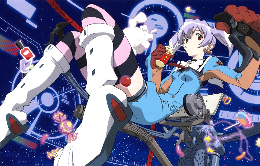 00s absurdres candy chiko earrings food highres jewelry purple_hair scan solo striped_clothes striped_thighhighs thighhighs top_wo_nerae!_(series) top_wo_nerae_2! twintails tycho_science