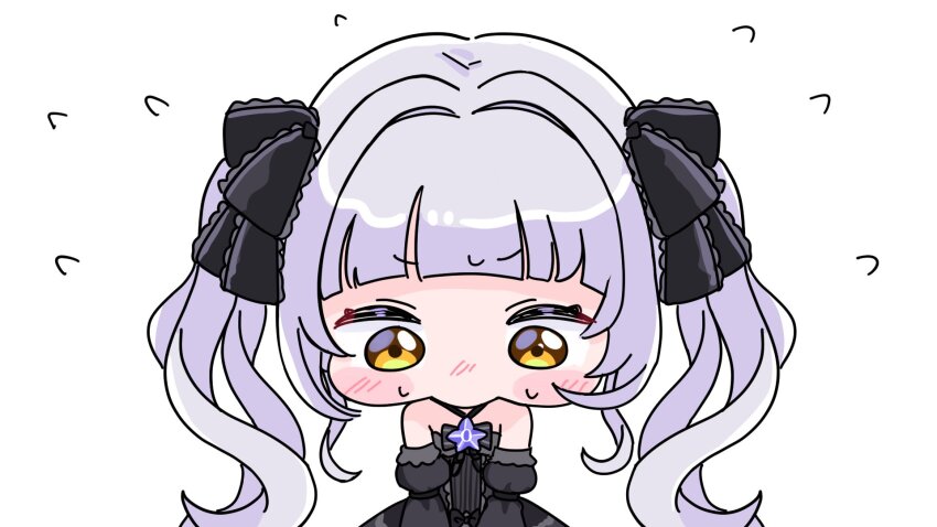 1girl bare_shoulders black_bow black_dress black_sleeves blush_stickers bow brown_eyes chibi detached_sleeves dress flying_sweatdrops grey_hair hair_bow highres hololive juliet_sleeves long_hair long_sleeves looking_down mochimiko murasaki_shion murasaki_shion_(gothic_lolita) puffy_sleeves simple_background solo star_(symbol) striped_bow twintails very_long_hair virtual_youtuber white_background yurie_mouth