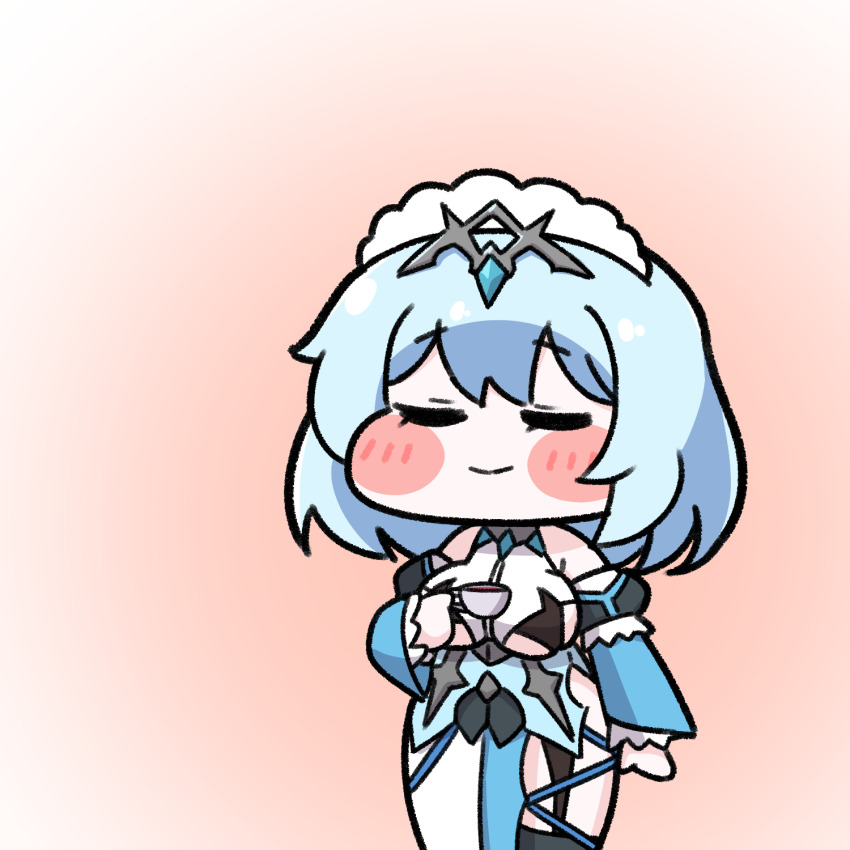 1girl alterkero aqua_hair asymmetrical_clothes blush_stickers breasts chibi closed_eyes cup detached_sleeves gradient_background highres holding holding_cup large_breasts last_origin maid maid_headdress puffy_sleeves short_hair smile solo teacup tiara titania_frost underboob
