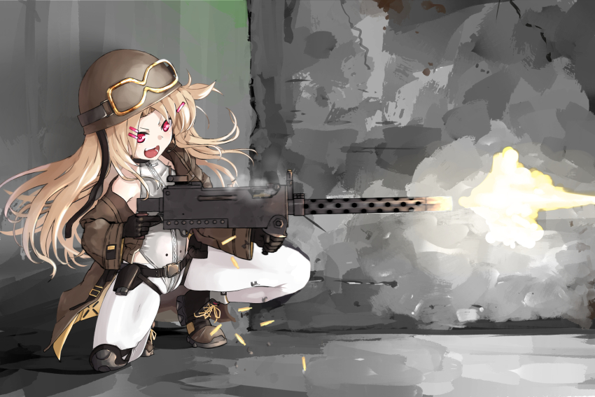 1girl bare_shoulders blonde_hair brown_jacket browning_m1919 casing_ejection commission firing girls&#039;_frontline gun hair_ornament hairclip helmet highres holding holding_gun holding_weapon jacket leggings leotard m1919a4_(girls&#039;_frontline) machine_gun muzzle_flash on_one_knee open_mouth pixiv_commission red_eyes shell_casing solo squatting teeth weapon white_leggings zafuri_(yzrnegy) zipper