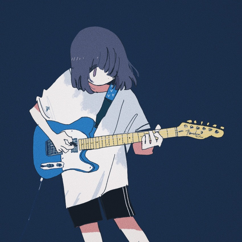 1girl black_hair black_shorts electric_guitar fender_musical_instruments_corporation fender_telecaster guitar highres instrument original purple_eyes shirt shorts simple_background soyacomu white_shirt