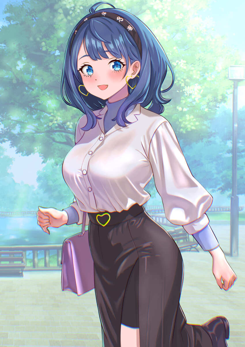 1girl absurdres alternate_costume black_hairband black_shoes black_skirt blue_eyes blue_hair blush breasts buttons chromatic_aberration collared_shirt commentary_request day earrings hairband heart heart_earrings highres jewelry kousan large_breasts leg_up looking_at_viewer make_heroine_ga_oo_sugiru! medium_hair open_mouth outdoors park purple_bag shirt shirt_tucked_in shoes side_slit skirt smile solo white_shirt yanami_anna