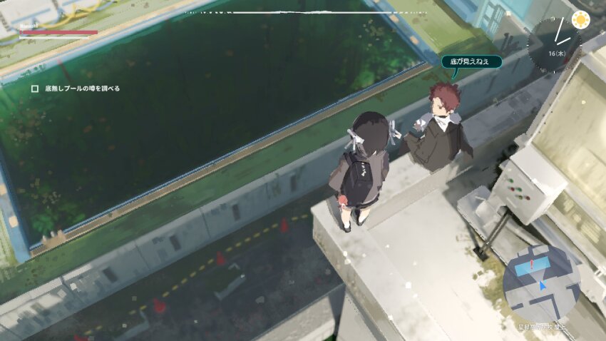 1boy 1girl bag black_hair character_charm charm_(object) clock fake_screenshot gakuran gameplay_mechanics heads-up_display highres ledge lost_property_control_organization_(samidare) minimap pool protagonist_(lost_property_control_organization) red_hair revision ribbon rooftop samidare_(hoshi) school_bag school_uniform sitting t-6407j_(samidare) translation_request user_interface white_ribbon yamauchi_youdou_(samidare)