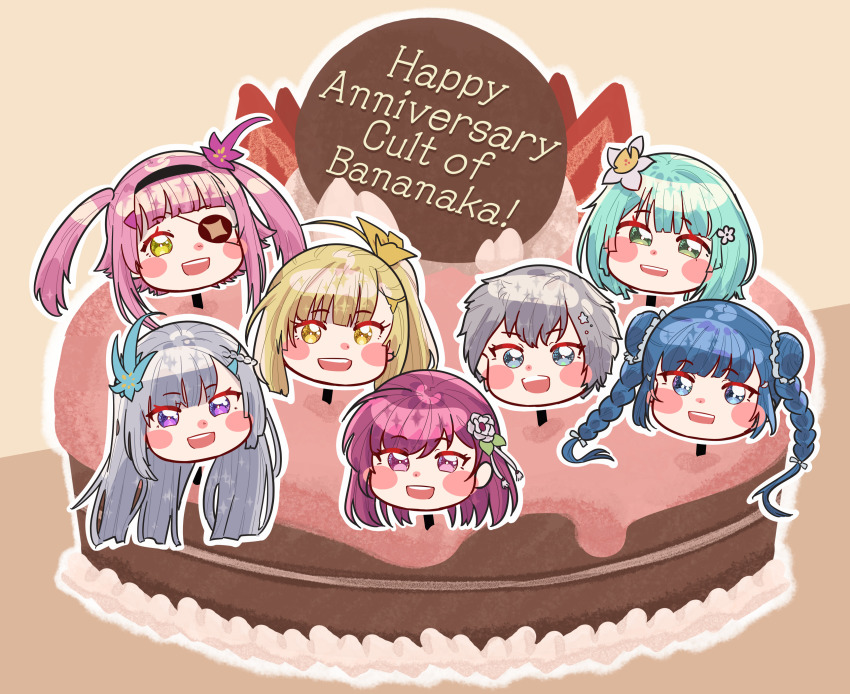 6+girls :d absurdres ahoge anniversary aqua_hair asymmetrical_bangs blonde_hair blue_eyes blue_hair blunt_bangs blunt_ends blush_stickers braid cake chun_meiyui commentary commission dot_nose double_bun english_commentary english_text eyepatch flower food green_eyes grey_eyes grey_hair hair_bun hair_flower hair_ornament hair_ribbon hairclip head_only highres long_hair looking_at_viewer magia_record:_mahou_shoujo_madoka_magica_gaiden mahou_shoujo_madoka_magica medium_hair mikuri_ayame mogu_m.g multiple_girls natsume_kako one_eye_covered open_mouth outline pink_flower pink_hair purple_eyes purple_hair ribbon second-party_source shinobu_akira_(madoka_magica) shizumi_konoha short_hair side_braid side_ponytail sidelocks smile swept_bangs teeth tokiwa_nanaka twin_braids twintails two_side_up upper_teeth_only v-shaped_eyebrows white_flower white_outline white_ribbon yellow_eyes yellow_flower yusa_hazuki
