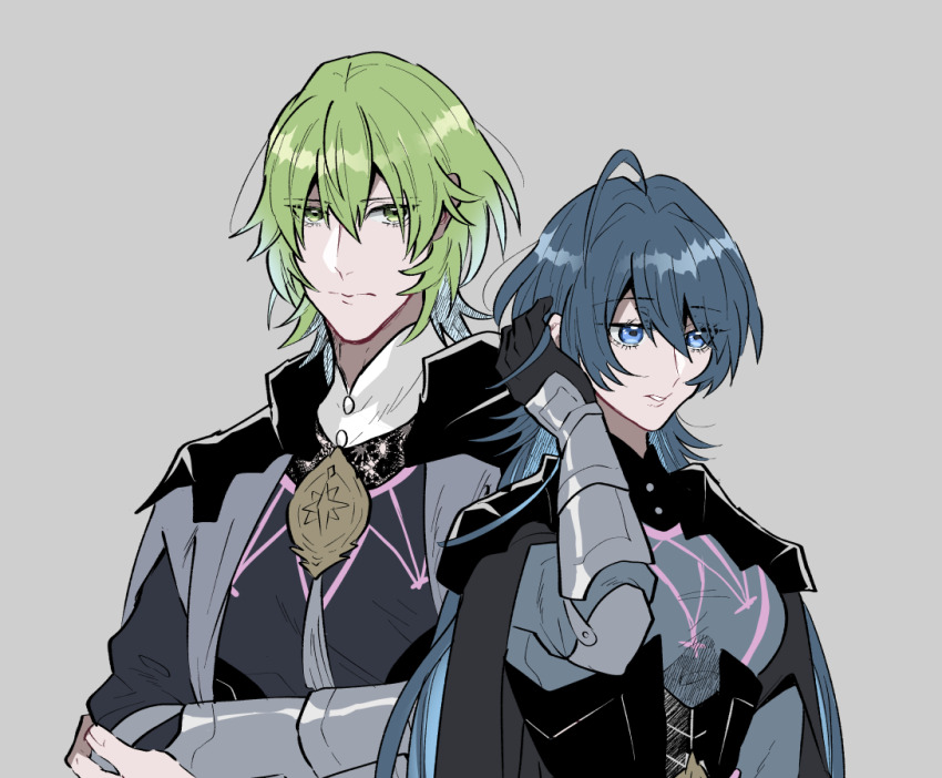 1boy 1girl ahoge armor arrow_(symbol) black_dress blue_eyes blue_hair closed_mouth crossed_arms dress dual_persona female_byleth_(enlightened)_(fire_emblem) female_byleth_(fire_emblem) fire_emblem fire_emblem:_three_houses genderswap genderswap_(ftm) genderswap_(mtf) green_eyes green_hair grey_background hand_up long_hair looking_at_viewer male-female_symbol male_byleth_(fire_emblem) nintendo ojnta0505 short_hair simple_background upper_body