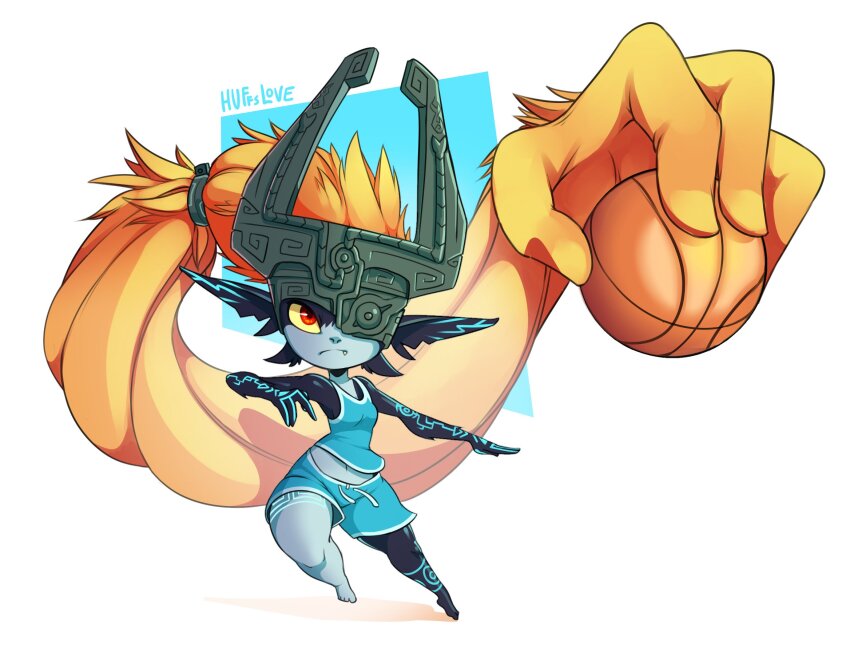 1girl absurdly_long_hair ball basketball_(object) basketball_uniform black_skin blue_shirt blue_shorts blue_skin colored_sclera colored_skin fang helmet highres huffslove long_hair midna multicolored_skin nintendo orange_hair pear-shaped_figure pointy_ears prehensile_hair red_eyes shirt shorts solo sportswear the_legend_of_zelda the_legend_of_zelda:_twilight_princess two-tone_skin very_long_hair yellow_sclera