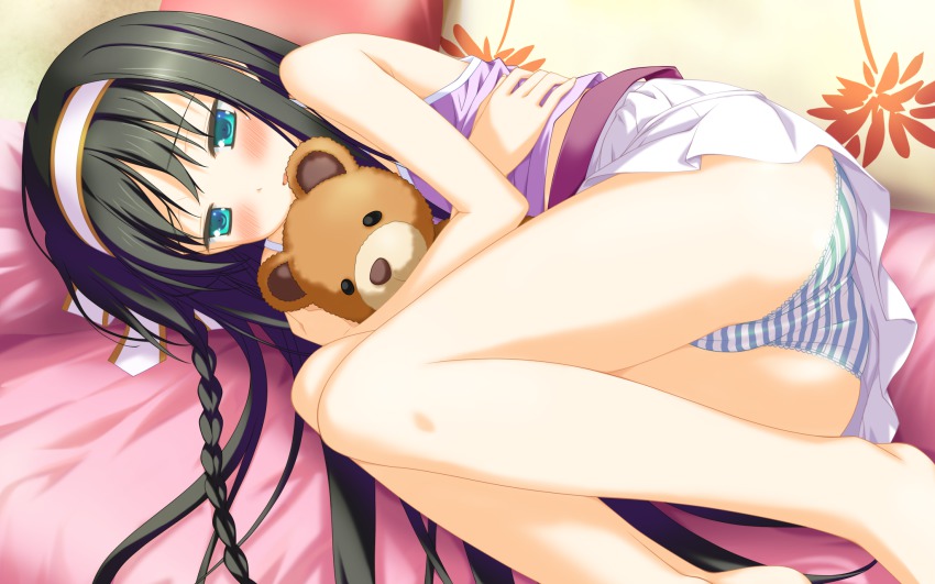 1girl aqua_eyes bed black_hair blush braid female_focus fetal_position hairband highres hug irotoridori_no_sekai kisaragi_mio_(irotoridori_no_sekai) lying panties pantyshot shida_kazuhiro solo striped_clothes striped_panties stuffed_animal stuffed_toy teddy_bear underwear