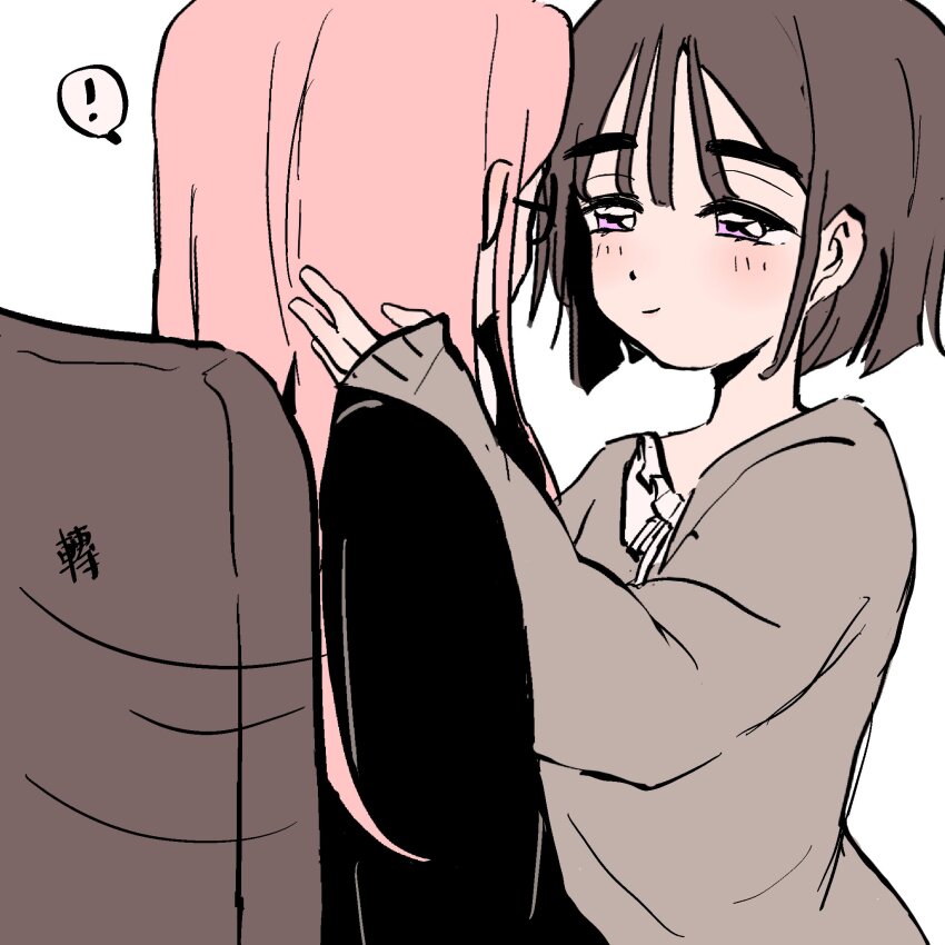 ! 2girls alien_stage black_hair black_sweater bob_cut chair coldmeow commentary glasses grey_sweater highres long_hair mizi_(alien_stage) multiple_girls on_chair pink_hair purple_eyes short_hair sitting spoken_exclamation_mark sua_(alien_stage) sweater yuri