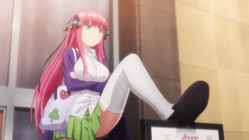 1girl absurdres anime_screenshot arms_under_breasts bag black_shoes blue_eyes blue_nail_polish blue_nails breasts butterfly_hair_ornament closed_mouth collarbone collared_shirt crossed_arms dot_nose female_focus go-toubun_no_hanayome green_skirt hair_ornament highres jacket kneehighs large_breasts leg_up legs long_hair long_sleeves miniskirt multicolored_nails nail_polish nakano_nino outdoors pink_hair pink_nails pleated_skirt purple_jacket school_uniform shirt shoes shoulder_bag skirt socks solo solo_focus thighhighs thighs thighs_focus twintails two-tone_nails very_long_hair white_shirt white_thighhighs zettai_ryouiki