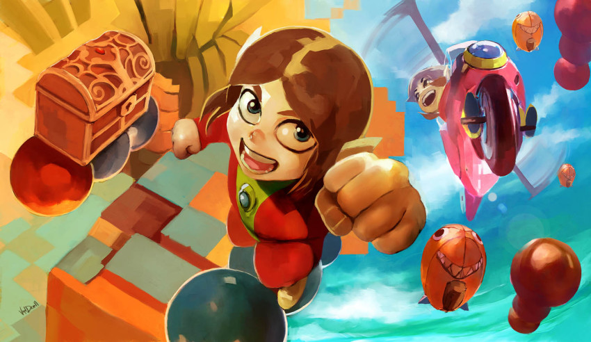 1boy aircraft alex_kidd alex_kidd_(character) arm_up blue_eyes brown_hair clenched_hand clenched_hands cloud daniel_oduber day dirigible flying foreshortening from_above helicopter looking_at_viewer motor_vehicle motorcycle pointy_ears raised_fist realistic sega signature treasure_chest vehicle