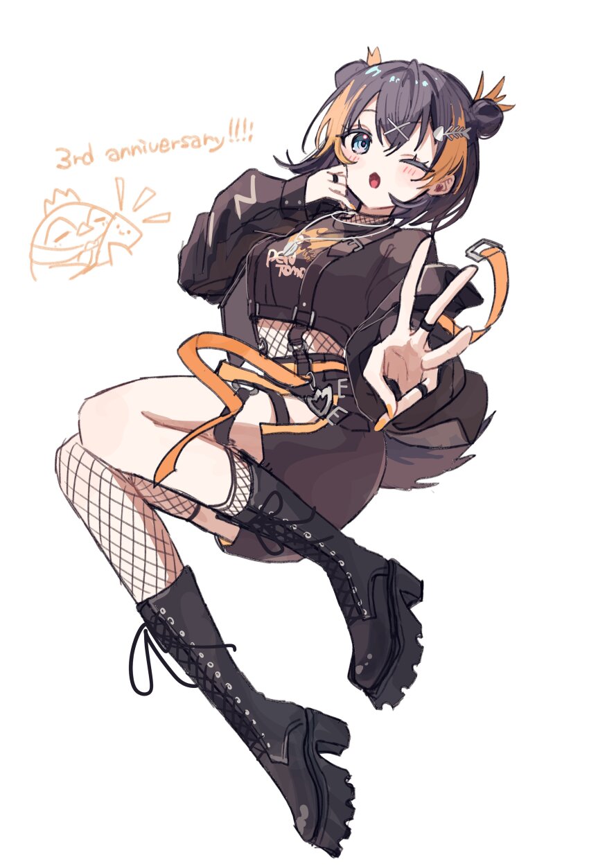 1girl absurdres alternate_costume asymmetrical_legwear black_boots black_hair black_jacket blonde_hair blue_eyes boots breasts crop_top double_bun fish_hair_ornament fishnet_socks fishnet_thighhighs fishnet_top fishnets hair_bun hair_ornament high_heel_boots high_heels highres jacket jewelry medium_breasts miritenoru multicolored_hair multiple_rings nail_polish nijisanji nijisanji_en one_eye_closed open_clothes open_jacket open_mouth pencil_skirt penguin_tail pentomo_(petra_gurin) petra_gurin ring short_hair side_slit skirt socks streaked_hair tail thigh_strap thighhighs virtual_youtuber x_hair_ornament