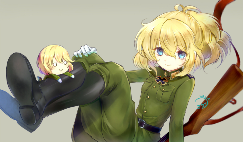 2girls belt black_belt black_footwear blonde_hair boots buttons cross crossed_ankles dated green_belt green_shirt grey_background gun hair_between_eyes iron_cross military_uniform mini_person minigirl multiple_girls pocket ponytail rifle shirt signature sitting smile tanya_degurechaff viktoriya_ivanovna_serebryakov weapon youda_(seravichacha) youjo_senki
