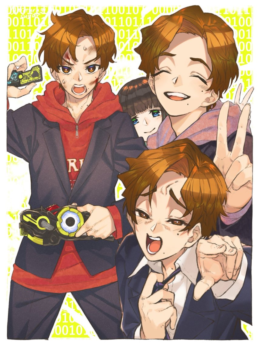 1boy 1girl binary blood blood_on_face blue_eyes brown_eyes brown_hair formal_clothes henshin_pose hiden_aruto highres hood hoodie izu_(kamen_rider_01) kamen_rider kamen_rider_01_(series) mitsurugi_sugar mole mole_under_eye necktie rider_belt suit v yellow_background
