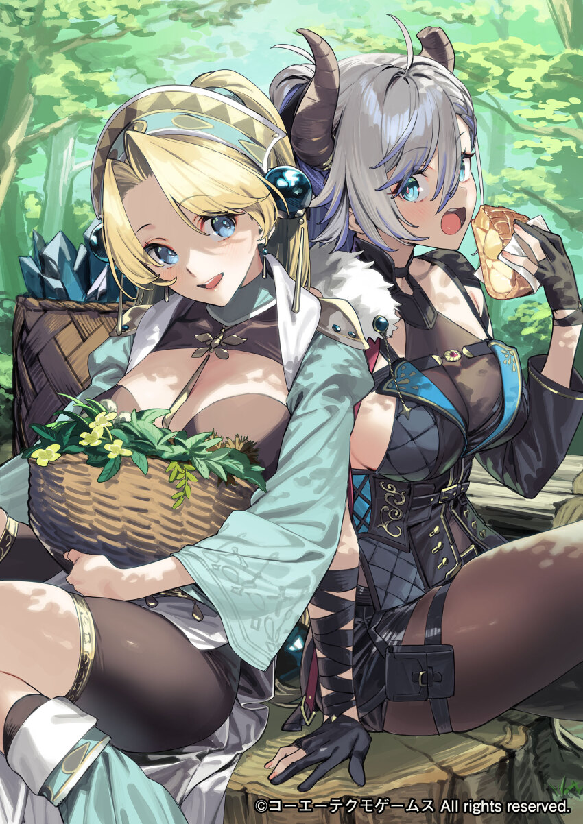 2girls 92m absurdres ahoge arm_support atelier_(series) atelier_marie atelier_resleriana basket black_gloves black_shoes blonde_hair blue_eyes bodystocking breasts broken_horn commentary_request copyright_notice dappled_sunlight eating gloves grey_hair hair_ornament highres holding holding_basket horns large_breasts looking_at_viewer marlone multicolored_hair multiple_girls official_art open_mouth pantyhose partially_fingerless_gloves purple_hair second-party_source shoes sideboob sitting on_tree_stump smile streaked_hair sunlight valeria_(atelier)