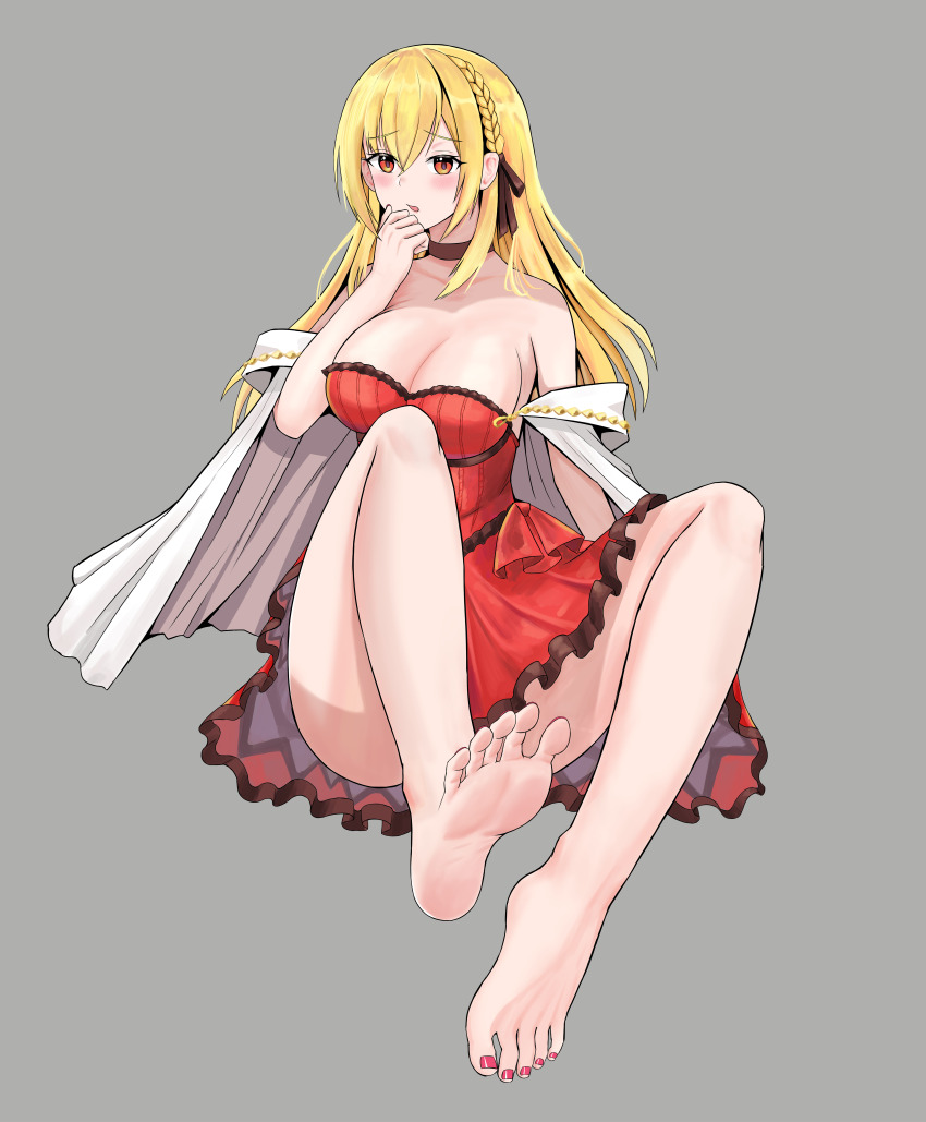 1girl absurdres azur_lane barefoot blonde_hair blush breasts cleavage dress feet highres king_george_v_(azur_lane) ladsdjadds long_hair looking_at_viewer parted_lips red_eyes soles toes
