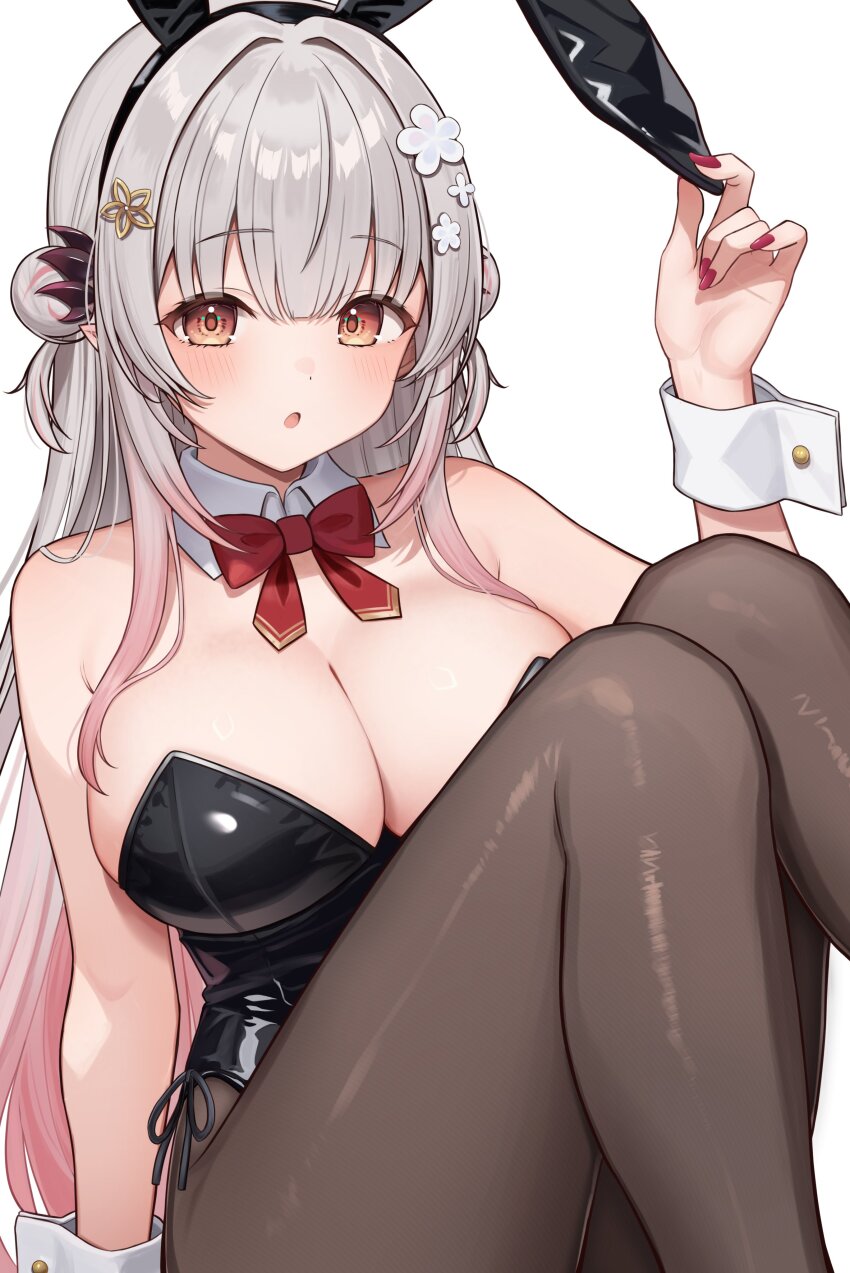 1girl :o absurdres animal_ear_hairband animal_ears bare_shoulders black_hairband black_leotard black_pantyhose blush bow bowtie breasts cleavage collar commentary_request daysss detached_collar double_bun fake_animal_ears fingernails grey_hair hair_between_eyes hair_bun hairband hand_on_own_ear hand_up highres indie_virtual_youtuber large_breasts leotard long_hair looking_at_viewer nail_polish orange_eyes pantyhose playboy_bunny rabbit_ears red_bow red_bowtie red_nails simple_background sitting solo strapless strapless_leotard suou_patra very_long_hair virtual_youtuber white_background white_collar white_wrist_cuffs wrist_cuffs