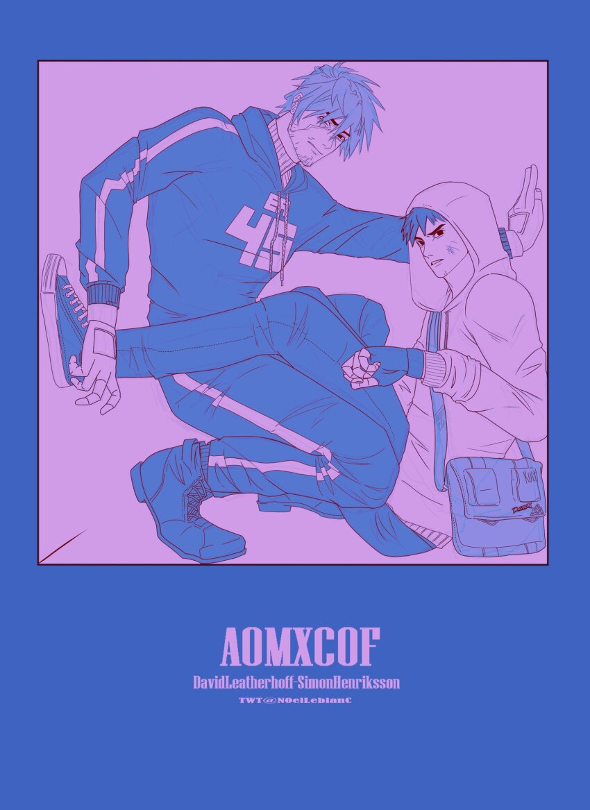 :| afraid_of_monsters against_wall bag beard_stubble black_gloves blue_border blue_hair blue_hoodie boots border closed_mouth cry_of_fear david_leatherhoff denim english_text escape_room facial_hair fingerless_gloves gloves highres hood hood_down hood_up hoodie jeans lace-up_boots leg_over_thigh leg_up limited_palette looking_at_viewer male_focus messy_hair multiple_monochrome n0elleblanc pants pink_gloves pink_hoodie print_hoodie raised_eyebrow scar scar_on_face scratches shoes short_hair shoulder_bag simon_henriksson sitting sneakers squatting stubble trapped turtleneck