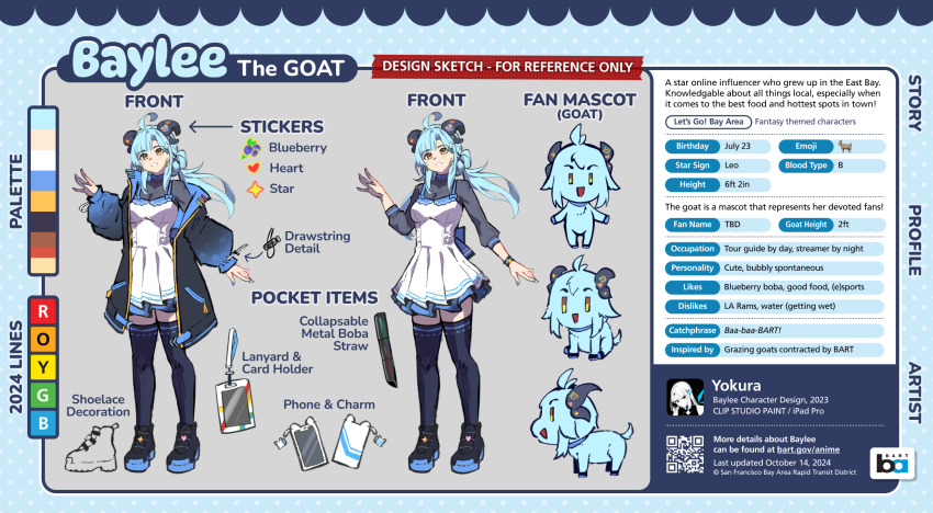 1girl ahoge artist_name bay_area_rapid_transit baylee_(bart) baylee_(goat)_(bart) black_coat black_shoes blue_background blue_hair breasts cellphone coat color_guide dress english_text full_body highres horns long_hair looking_at_viewer medium_breasts multiple_views open_clothes open_coat phone reference_sheet shoes smile solo white_dress yellow_eyes yokura_(yukilina)