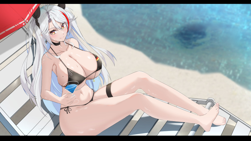 1girl absurdres antenna_hair azur_lane beach beach_chair bikini black_bikini black_choker breasts choker cocktail_glass collarbone cross cross_earrings cup day drinking_glass earrings flag_print full_body german_flag german_flag_bikini hair_between_eyes highres holding holding_cup huge_breasts j_yak47 jewelry long_hair looking_at_viewer mole mole_on_breast multicolored_hair official_alternate_costume outdoors prinz_eugen_(azur_lane) prinz_eugen_(unfading_smile)_(azur_lane) red_hair sand side-tie_bikini_bottom sitting solo streaked_hair swimsuit thigh_strap two-tone_hair water white_hair yellow_eyes