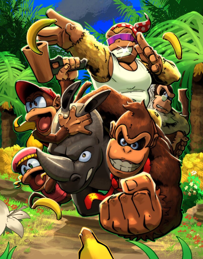 1girl 5boys absurdres animal_ears animal_focus ape banana beard blonde_hair brown_fur clenched_hand cranky_kong day diddy_kong dixie_kong donkey_kong donkey_kong_(series) facial_hair food fruit funky_kong furry furry_male gorilla grabbing_from_behind grin highres index_finger_raised jungle leaf looking_up multiple_boys muscular nature necktie nintendo open_mouth outdoors palm_tree plant rambi red_necktie rhinoceros smile solo tighesam tree