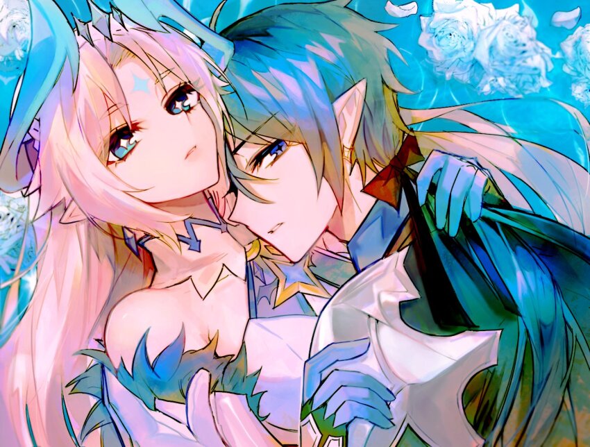 +_+ 1boy 1girl bare_shoulders blue_eyes blue_hair blue_horns blue_theme chevalier_(elsword) ciel_(elsword) elsword facial_mark forehead_mark grey_hair horns ishtar_(elsword) long_hair looking_at_viewer luciela_r._sourcream mme12165 pointy_ears ponytail upper_body