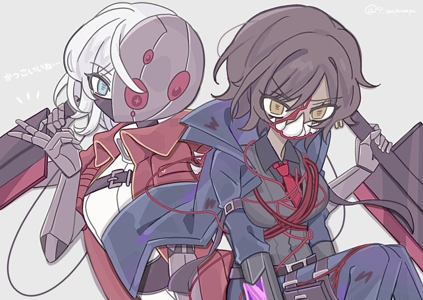 2girls 9_wapuwapu black_shirt black_vest blue_coat blue_eyes blue_pants breasts brown_eyes brown_hair coat collared_coat collared_shirt cowboy_shot dimension_shredder_(e.g.o) dress e.g.o_(project_moon) extra_arms faust_(project_moon) greatsword highres holding holding_sword holding_weapon knees_up large_breasts limbus_company long_sleeves mechanical_arms multicrack_office_(identity)_(project_moon) multiple_girls necktie outis_(project_moon) pants project_moon red_coat red_necktie shirt short_hair sword vest weapon white_dress white_hair