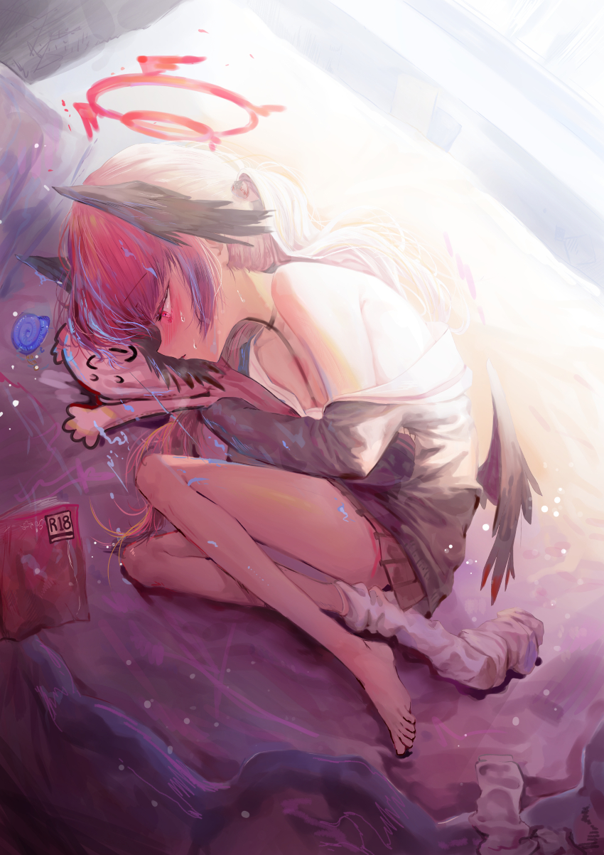 1girl absurdres barefoot black_shirt black_wings blue_archive blush book doodle_sensei_(blue_archive) feathered_wings highres koharu_(blue_archive) kongaru_123 on_bed pink_eyes pink_hair sensei_(blue_archive) shirt single_bare_shoulder single_sock socks sweatdrop twintails white_socks wings