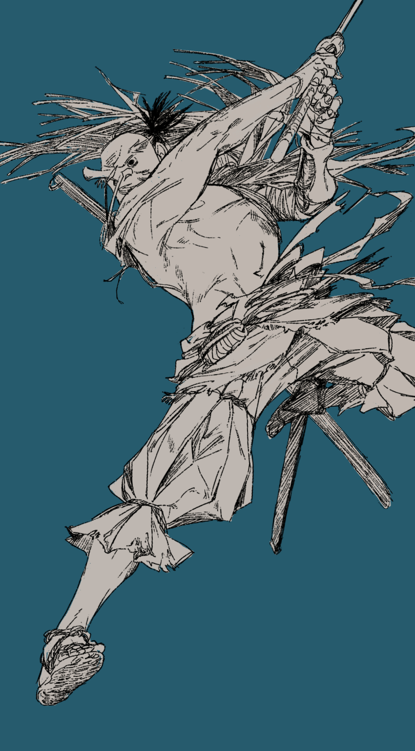 1boy greyscale_with_colored_background hay highres holding holding_sword holding_weapon male_focus mask masked nipples piyomotsu ponytail sandals sekiro sekiro:_shadows_die_twice solo sword tengu_mask topless_male weapon