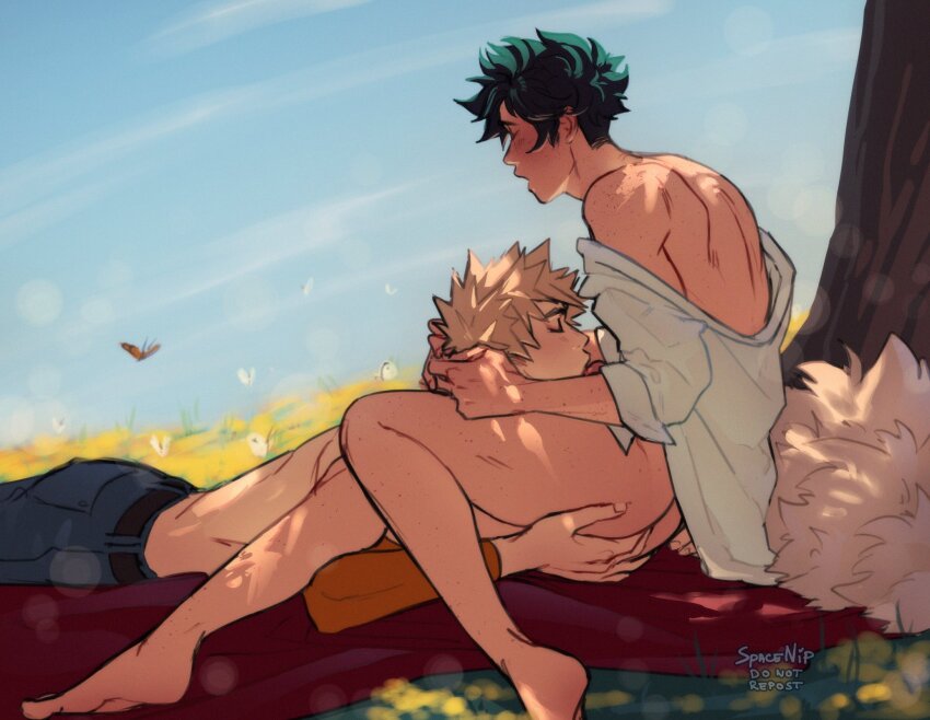 2boys bakugou_katsuki black_pants blonde_hair body_freckles boku_no_hero_academia closed_eyes commentary fellatio freckles green_hair highres male_focus midoriya_izuku mismatched_eyebrows multiple_boys oral pants short_hair sky spacenipnops spiked_hair symbol-only_commentary thighs topless_male yaoi