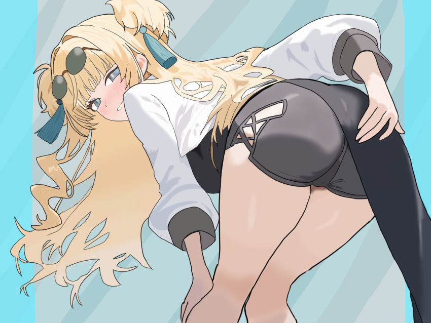 1girl aquamarine725 ass bent_over black_shorts blonde_hair blue_background blue_eyes blush commentary_request eyewear_on_head from_behind honkai_(series) honkai_impact_3rd jacket kneepits long_hair looking_at_viewer looking_back round_eyewear short_shorts shorts solo songque songque_(astralop) sunglasses two_side_up white_jacket