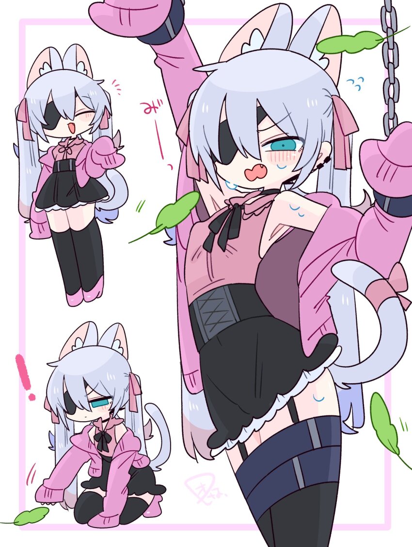 ! 1boy animal_ears blue_eyes blush cat_boy cat_ears cat_tail chain crossdressing dress eyepatch fang frilled_dress frills highres jacket long_hair male_focus multiple_views narrowed_eyes op_na_yarou open_clothes open_jacket open_mouth original sweat tail thighhighs tickling tickling_armpits tickling_ears tickling_tail trap twintails white_background white_hair