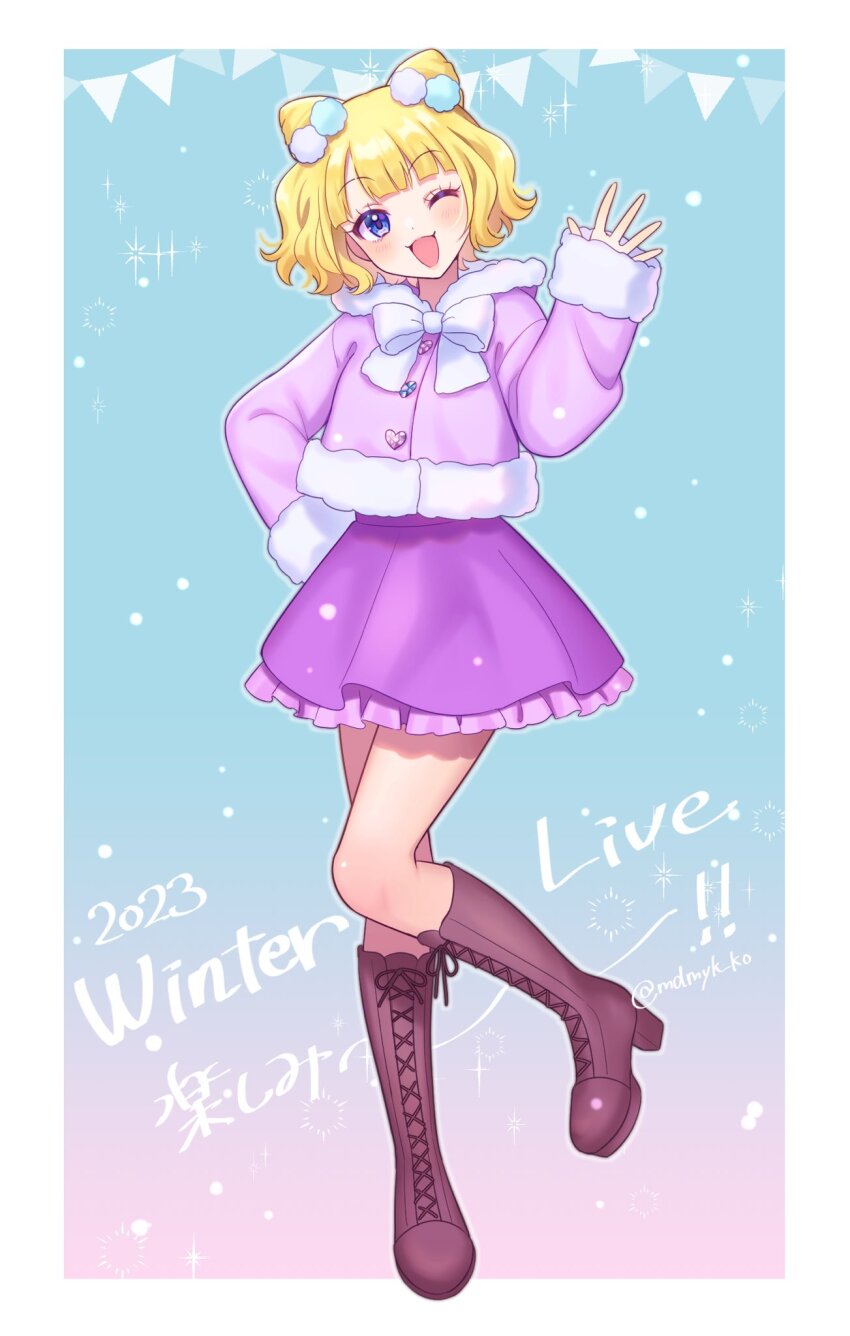 1girl ;d blonde_hair blue_background blue_eyes blunt_bangs boots border brown_boots commentary_request cone_hair_bun double_bun full_body fur-trimmed_jacket fur_trim hair_bun hair_ornament hand_up high_heel_boots high_heels highres jacket knee_boots lace-up_boots long_sleeves looking_at_viewer mendamen minami_mirei one_eye_closed open_hand open_mouth pink_jacket pom_pom_(clothes) pom_pom_hair_ornament pretty_series pripara purple_skirt short_hair skirt smile solo standing standing_on_one_leg translation_request twitter_username white_border winter_clothes