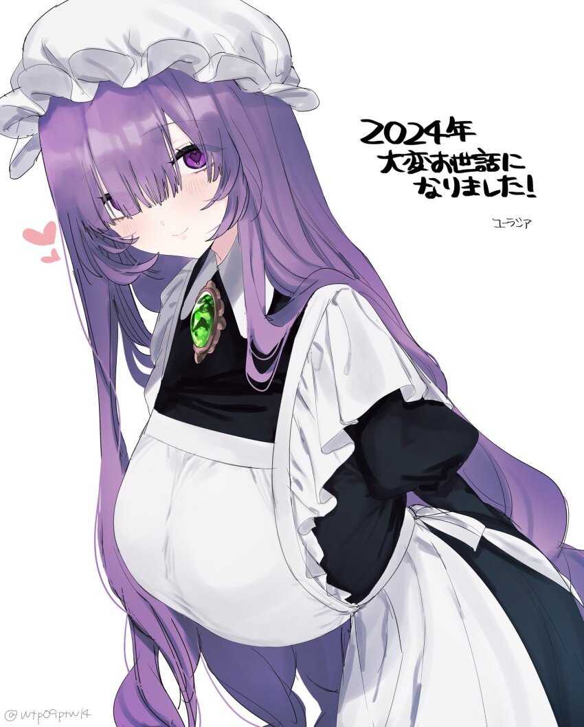 1girl 2024 apron arms_behind_back black_dress blunt_bangs breasts chest_jewel closed_mouth collared_dress commentary_request cowboy_shot dress dutch_angle eurasia_(wtp09ptw14) flipped_sidelocks francoise_(eurasia) frilled_apron frilled_headwear frills gem green_brooch green_gemstone hair_over_one_eye hat heart heart-shaped_pupils highres huge_breasts juliet_sleeves long_hair long_sleeves looking_at_viewer maid_apron mob_cap original parted_bangs puffy_sleeves purple_eyes purple_hair smile solo symbol-shaped_pupils twitter_username very_long_hair white_apron white_hat