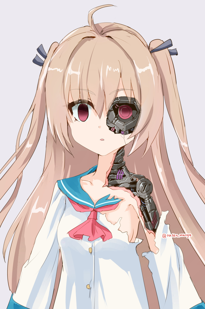 1girl absurdres ahoge android atri atri-my_dear_moments- blue_sailor_collar breasts collarbone commentary damaged dress empty_eyes grey_background grey_ribbon hair_ribbon highres light_brown_hair long_hair long_sleeves looking_at_viewer mechabare parted_lips rasen_manga red_eyes ribbon sailor_collar sailor_dress school_uniform simple_background small_breasts solo torn_clothes torn_dress twintails twitter_username upper_body very_long_hair watermark white_dress