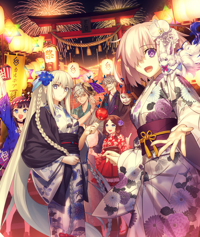 2boys 4girls animal artist_request asclepius_(fate) blue_eyes blue_flower blue_kimono braid brown_hair bug butterfly candy_apple cotton_candy drill_hair facial_hair fate/grand_order fate_(series) fireworks flower folding_fan food fou_(fate) fox_mask green_eyes green_kimono grey_eyes grey_hair hair_flower hair_ornament hair_over_one_eye hand_fan highres holding holding_cotton_candy holding_food insect james_moriarty_(archer)_(fate) james_moriarty_(fgo_fes._2023)_(fate) james_moriarty_(ruler)_(fate) japanese_clothes kimono lantern leonardo_da_vinci_(fate) leonardo_da_vinci_(fate/grand_order) leonardo_da_vinci_(rider)_(fate) long_hair looking_at_viewer mash_kyrielight mash_kyrielight_(fgo_fes._2023) mask morgan_le_fay_(fate) morgan_le_fay_(fgo_fes._2023)_(fate) multiple_boys multiple_girls mustache night open_mouth outdoors paper_lantern purple_eyes purple_flower purple_hair reaching reaching_towards_viewer red_kimono saint_quartz_(fate) sash short_hair smile torii twin_braids twin_drills utsumi_erice utsumi_erice_(fgo_fes._2023) very_long_hair white_kimono yellow_eyes