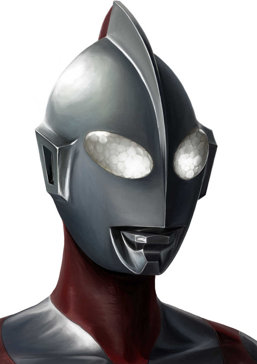 1boy alien collarbone colored_skin commentary compound_eyes dorsal_fin gattyo glowing glowing_eyes hashtag-only_commentary highres looking_ahead male_focus multicolored_skin portrait red_skin shin_ultraman silver_skin simple_background solo tokusatsu ultra_series ultraman ultraman_(shin) white_background white_eyes
