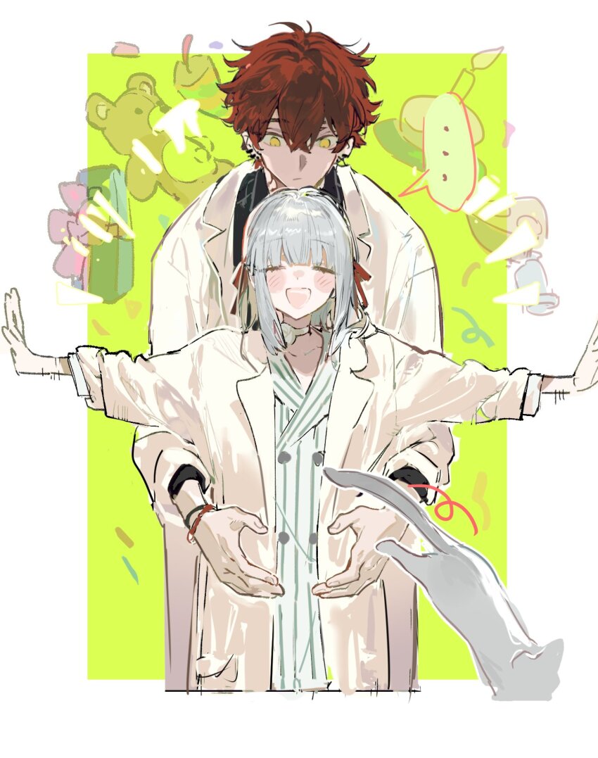 ... 1boy 1girl blunt_bangs bracelet closed_eyes coat collared_shirt gift grey_hair hair_between_eyes hair_ribbon highres jacket jewelry long_sleeves open_clothes open_mouth original outstretched_arms qyzhiaiyisheng red_hair ribbon shirt short_hair smile spoken_ellipsis stuffed_animal stuffed_toy teddy_bear white_coat yellow_eyes