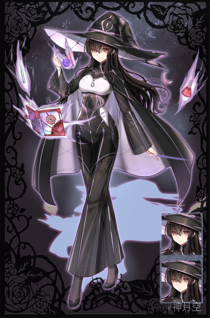 1girl absurdres alchemy artist_name black_cape black_dress black_footwear black_hair black_legwear black_sleeves book breasts cape chemistry_set closed_mouth commentary_request crescent_moon crescent_print crossed_bangs curled_fingers dress expression_chart floating floating_book floating_object floral_background floral_print full_body hair_between_eyes hand_up hat high_heels highres large_hat legs_apart long_hair moon original parted_lips red_hair rose_print shadow shenyuekong smile solo split_mouth standing tachi-e test_tube v-shaped_eyebrows wide_sleeves witch witch_hat wizard