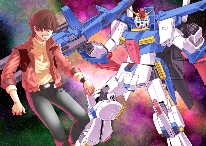 1boy aeug beam_cannon brown_hair commentary_request green_eyes grin gundam gundam_zz jacket judau_ashta machinery male_focus mecha mobile_suit nebula puu_maru red_jacket robot science_fiction smile space star_(sky) v-fin wristband zero_gravity zz_gundam