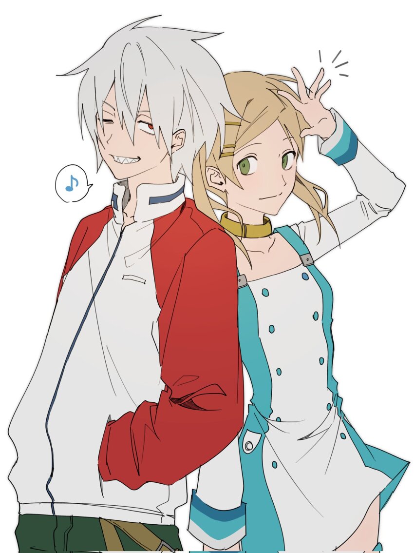 1boy 1girl blonde_hair cgvske1003 closed_mouth corrupted_twitter_file cosplay dress eureka_(eureka_seven) eureka_(eureka_seven)_(cosplay) eureka_seven eureka_seven_(series) green_eyes green_pants grey_hair grin hair_ornament hairclip hand_in_pocket hand_up highres jacket jewelry long_hair long_sleeves maka_albarn musical_note neck_ring one_eye_closed pants red_eyes renton_thurston renton_thurston_(cosplay) simple_background smile soul_eater soul_evans spiked_hair spoken_musical_note white_background