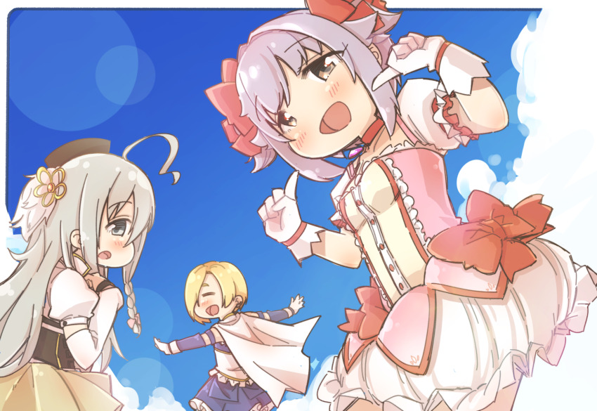 3girls ahoge blonde_hair blue_skirt blue_sky blush bow breasts brown_eyes brown_skirt cape cloud cosplay day detached_sleeves gloves grey_eyes grey_hair hair_between_eyes hair_over_one_eye hands_up highres hoshi_syoko idolmaster idolmaster_cinderella_girls kaname_madoka kaname_madoka_(cosplay) kaname_madoka_(magical_girl) kawaii_boku_to_142&#039;s_(idolmaster) koshimizu_sachiko long_hair long_sleeves mahou_shoujo_madoka_magica miki_sayaka miki_sayaka_(cosplay) miki_sayaka_(magical_girl) multiple_girls outdoors outstretched_arms pleated_skirt puffy_long_sleeves puffy_short_sleeves puffy_sleeves red_bow shirasaka_koume shirt short_eyebrows short_hair short_sleeves skirt sky small_breasts spread_arms thick_eyebrows tomoe_mami tomoe_mami_(cosplay) tomoe_mami_(magical_girl) very_long_hair white_cape white_gloves white_shirt white_skirt white_sleeves yukie_(kusaka_shi)
