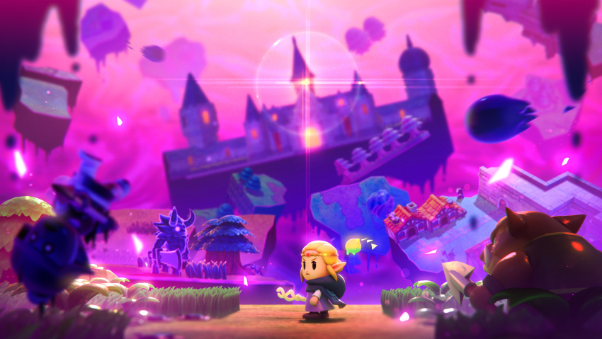 castle chibi circlet cloak commentary floating floating_object glowing glowing_eyes gold_circlet highres holding holding_staff house key_visual lens_flare lynel mage_staff moblin nintendo official_art pointy_ears princess_zelda promotional_art serious staff the_legend_of_zelda the_legend_of_zelda:_echoes_of_wisdom tree tri_(zelda) tri_rod