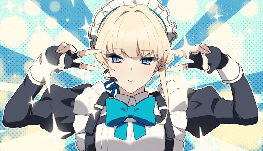 1girl apron blonde_hair blue_archive blue_bow blue_eyes bow double_v earpiece emotional_engine_-_full_drive fingerless_gloves gloves highres juliet_sleeves long_sleeves maid_apron maid_headdress puffy_sleeves pukku sparkle toki_(blue_archive) v